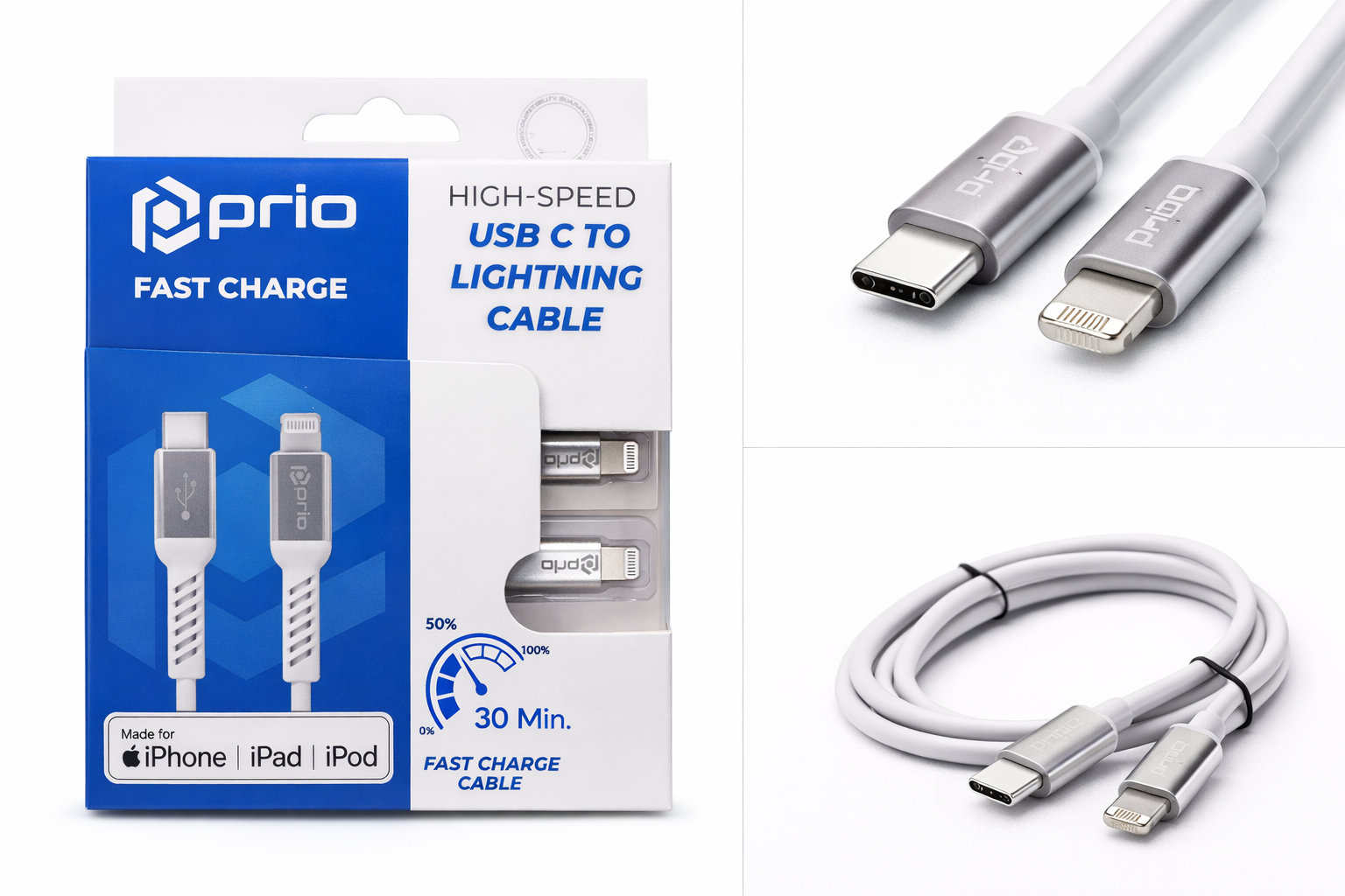 Prio USB-C → Lightning kaapeli – Fast Charge, iPhone/iPad, uusi – 2m